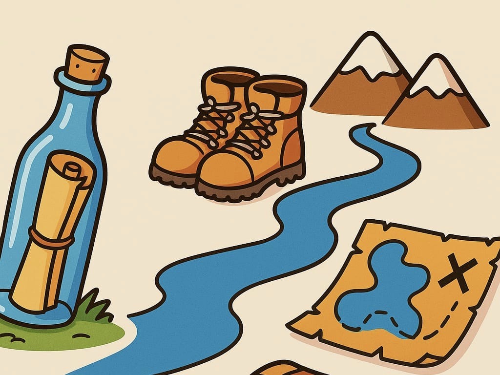Bild mit Flaschenpost, Wanderschuhen und Schatzkarte – Symbol für Mitmachmaterial